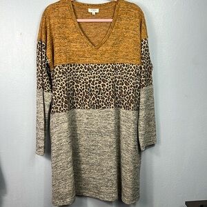 Umgee Mixed Fabric Color Block Long Sleeve V-Neck Sweater Mini Dress Large